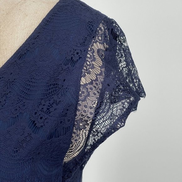 Fossil Penny Lace Dress M Bohemian Cap Sleeve V-Neck Elastic Waist Scallop Navy - Picture 4 of 11